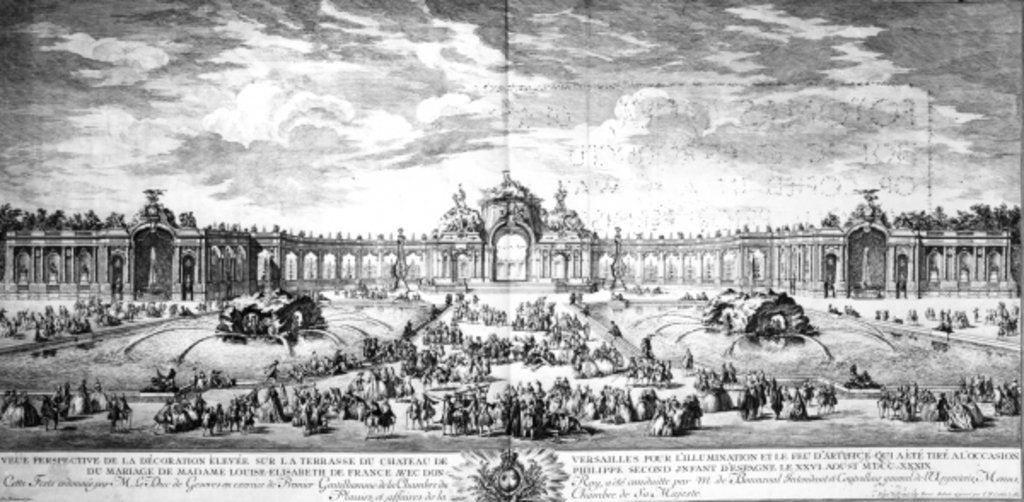 Detail of Perspective view of the terrace at Versailles on the occasion of the marriage of Louise Elisabeth of France with Philip of Spain in 1739 by Charles Nicolas II Cochin