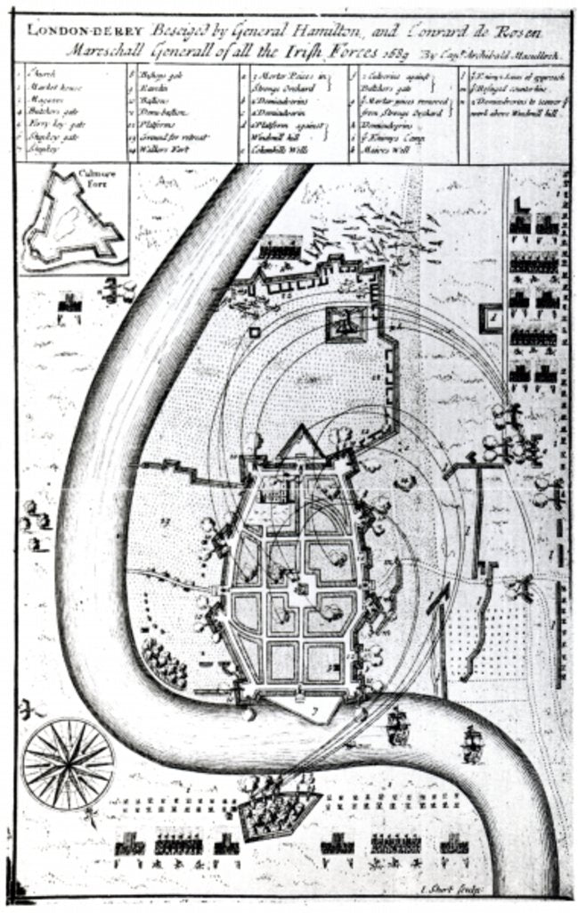 Detail of Londonderry Beseiged by General Hamilton and Conrad de Rosen, engraved by J. Sturt, 1689 by Captain Archibald (after) Maculloch
