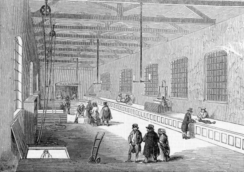 Detail of New Foreign Baggage Warehouse, St. Katherine's Docks, published in 'The Illustrated London News', October 25 1845 by English School