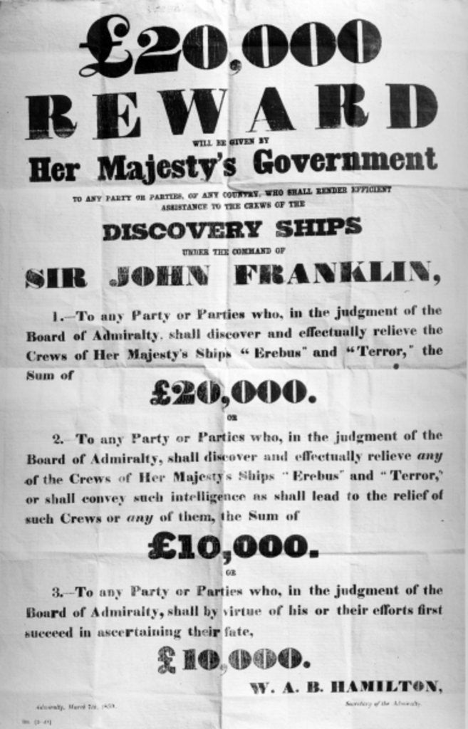 Detail of Poster offering a reward for the discovery of the lost Franklin Artic Expedition, 1850 by English School