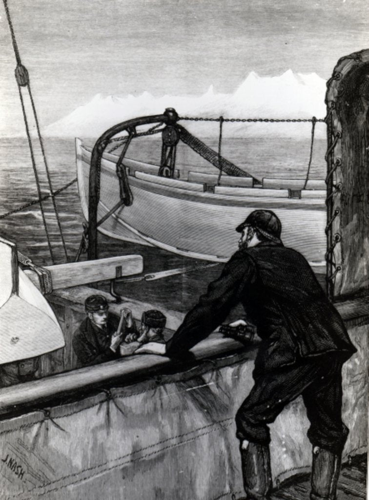 Detail of The Arctic Expedition - The 'Alert' near Holsteinborg, Greenland: Sternpost Cutter of Iceboat on Skids. by Edward Lawton Moss