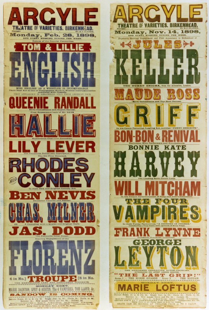 Detail of Posters for the Argyle Theatre of Varieties, Birkenhead, 1898 by English School