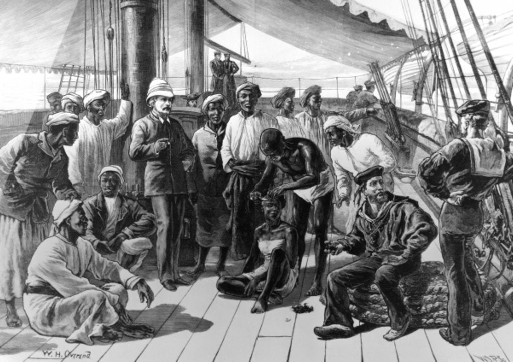 Detail of Mr Stanley and some of his African followers on board HMS Industry. by William Heysham Overend