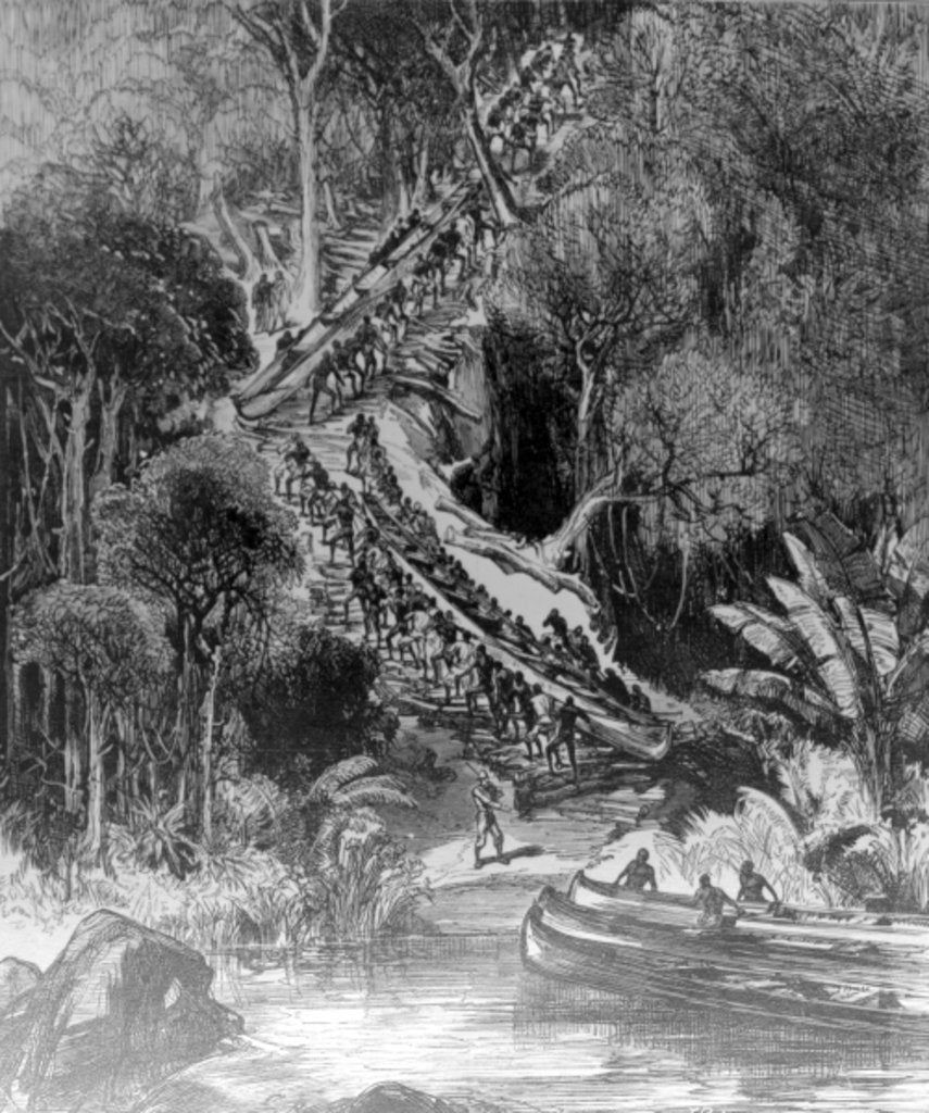 Detail of Hauling Canoes Up Inkisi Falls. by Henry Morton Stanley