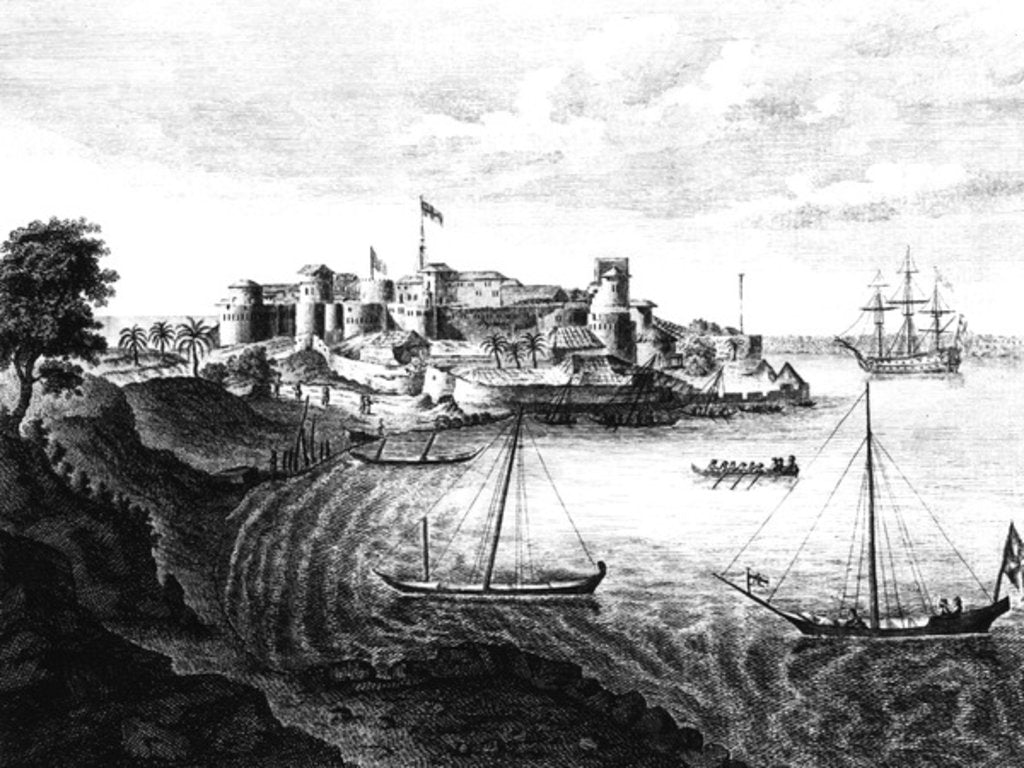 Detail of South East view of Geriah Fort, the Landing Place and Entrance from' A Voyage to India' by Edward Ives, version published in 1773 by (after) English School