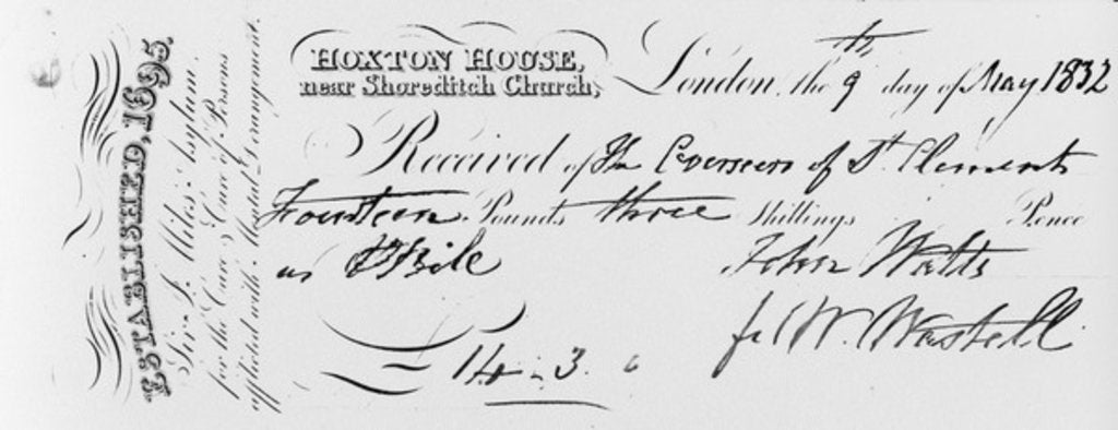 Detail of Reciept of payment received by Sir Jonathan Miles' asylum at Hoxton House, 1832 by English School