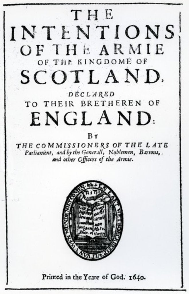 Detail of Title Page for 'The Intentions of the Armie of the Kingdome of Scotland' by Alexander Henderson by Scottish School