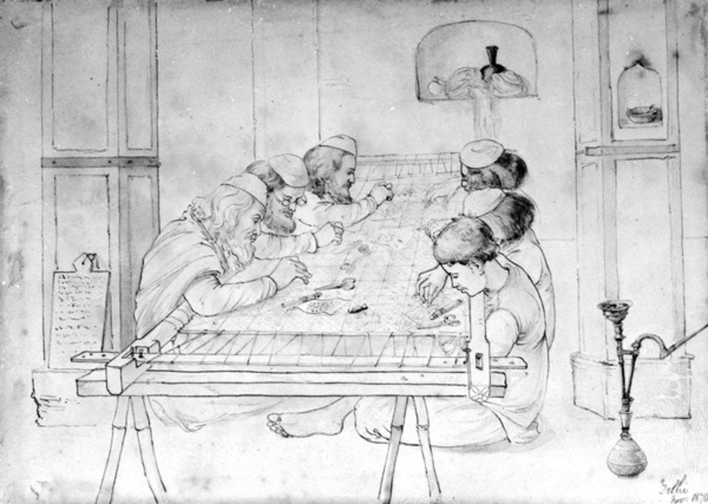 Detail of Men working at an embroidery frame, 1870 by John Lockwood Kipling
