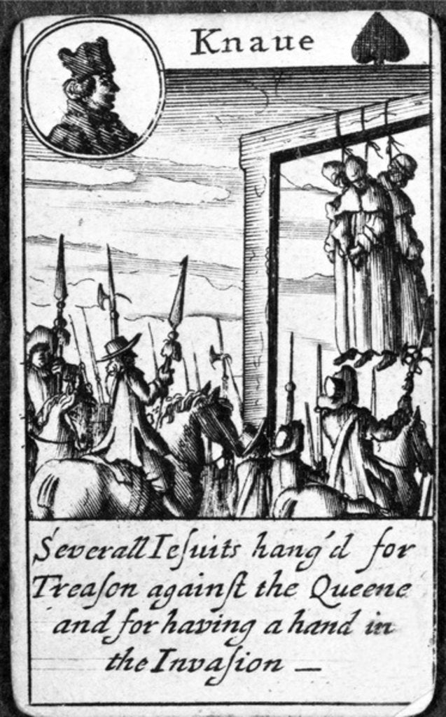 Detail of Several Jesuits hanged for Treason, Knave of Spades from a pack of playing cards by English School