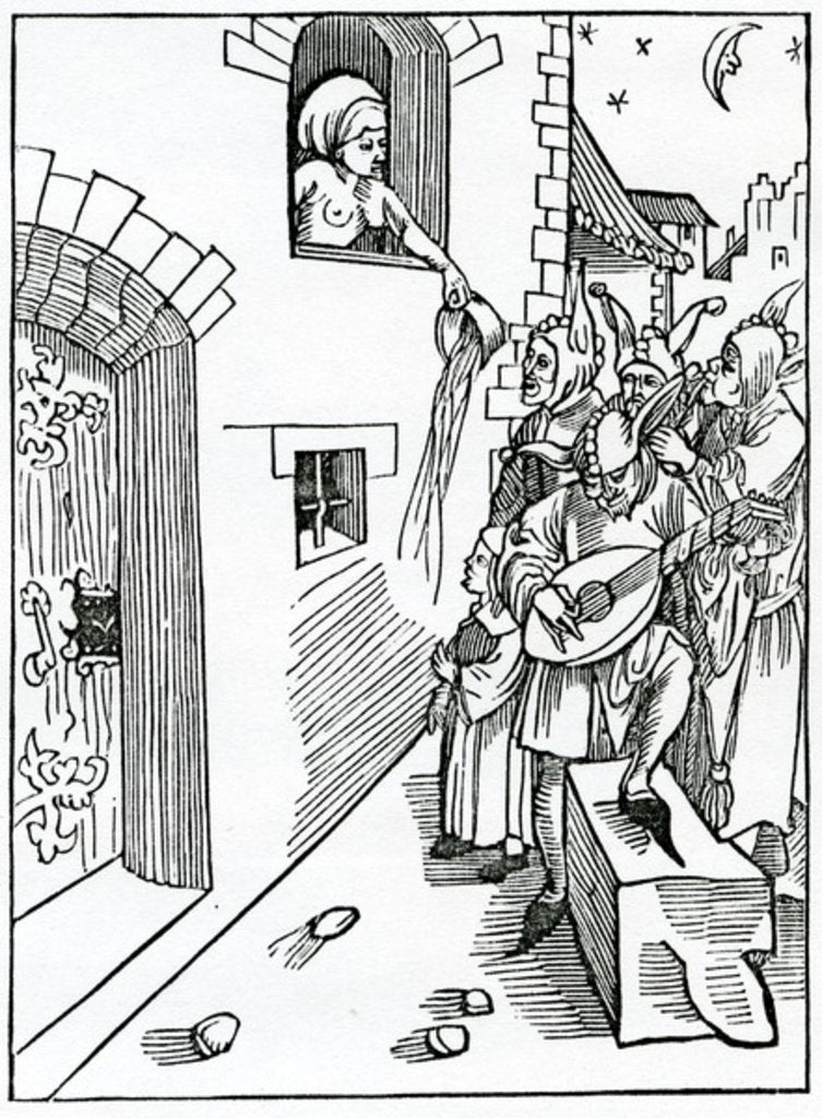 Detail of Of nyght watchers and beters of the stretes playnge by nyght on instrumentes and vsynge lyke folyes whan tyme is to rest by (after) German School