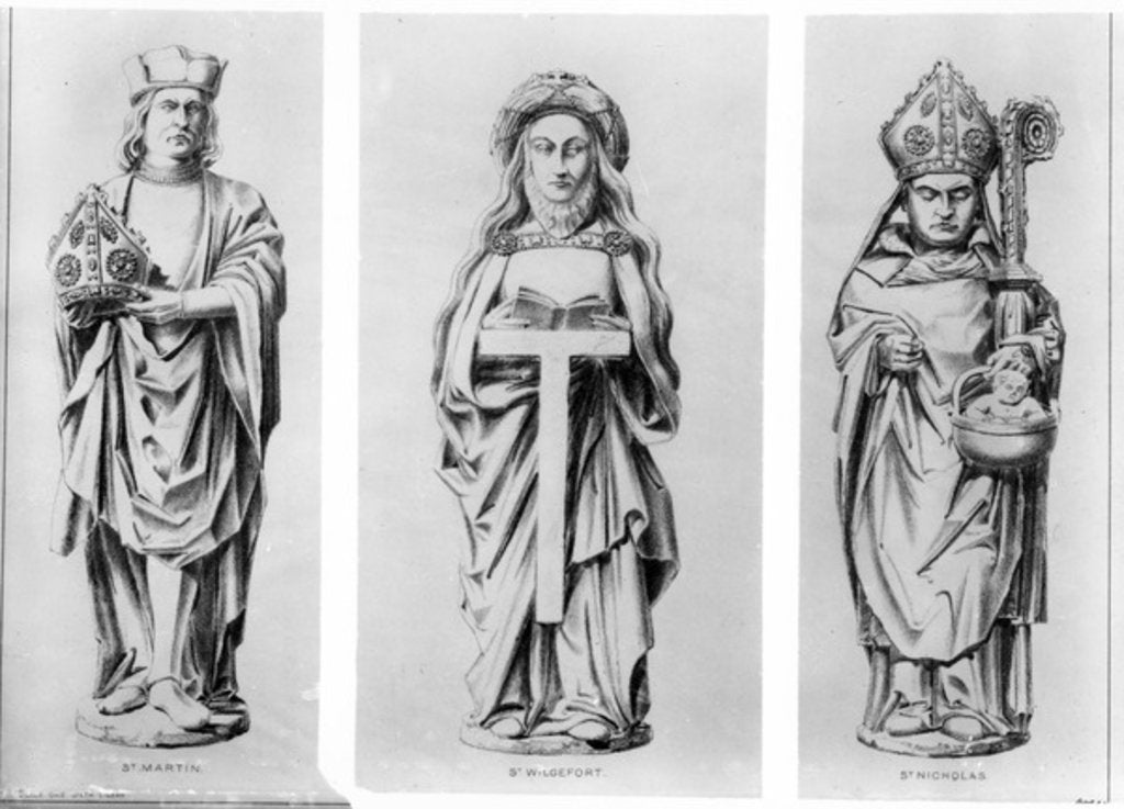 Detail of Drawings of Saints Martin, Wilgefort and Nicholas from their statues in Henry VII Chapel, Westminster Abbey, by English School