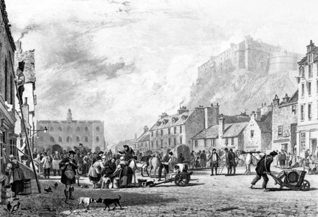 Detail of The Castle from the Grass Market, Edinburgh, etched by George Cooke and Henry Le Keux, 1820 by Augustus Wall (after) Callcott