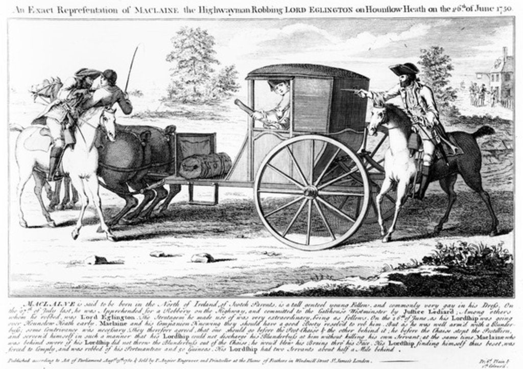 Detail of An Exact Representation of Maclaine the Highwayman Robbing Lord Eglington on Hounslow Heath on 26th of June 1750, print made by Charles Mosley, 1750 by (after) English School