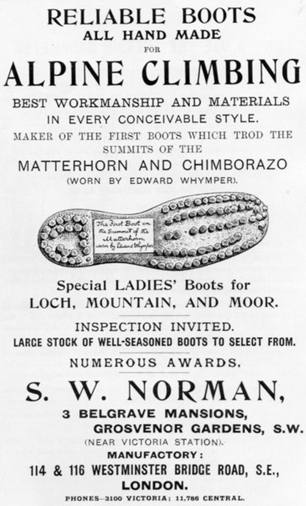 Detail of Advertisement for S. W. Norman Alpine Climbing Boots by English School