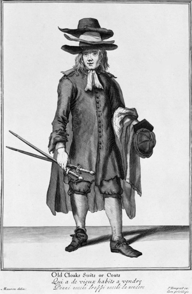 Detail of Street vendor selling old Cloaks, Suits and Coats, 1666 by English School