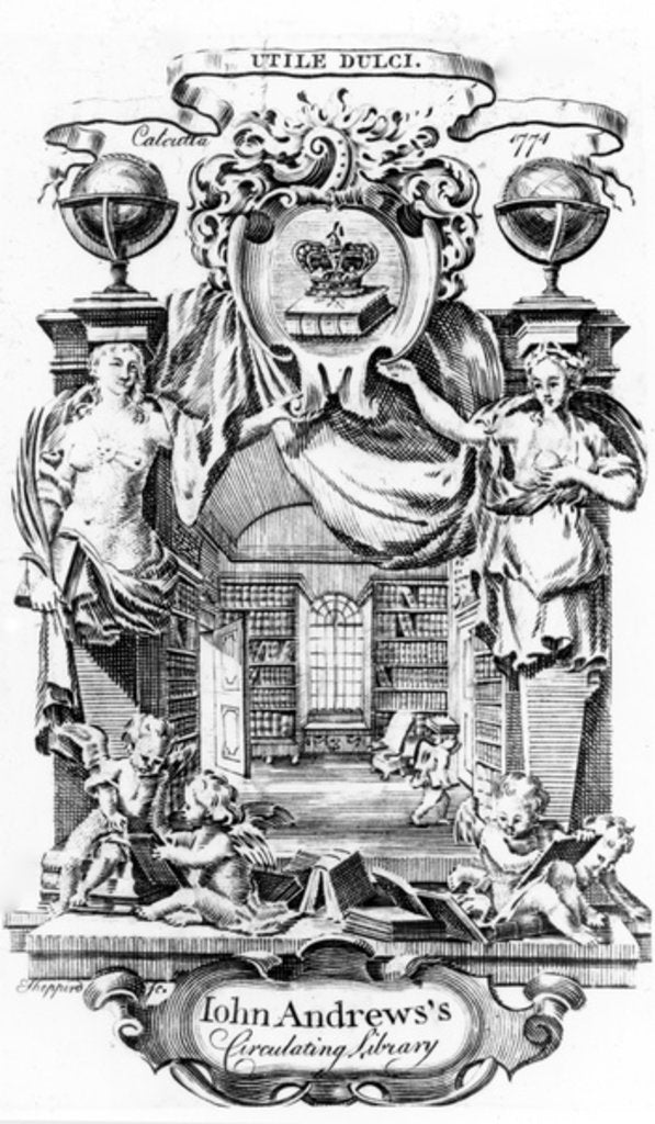 Detail of John Andrews's Circulating Library bookplate by Joseph Shepperd, published in Calcutta, 1774 by English School