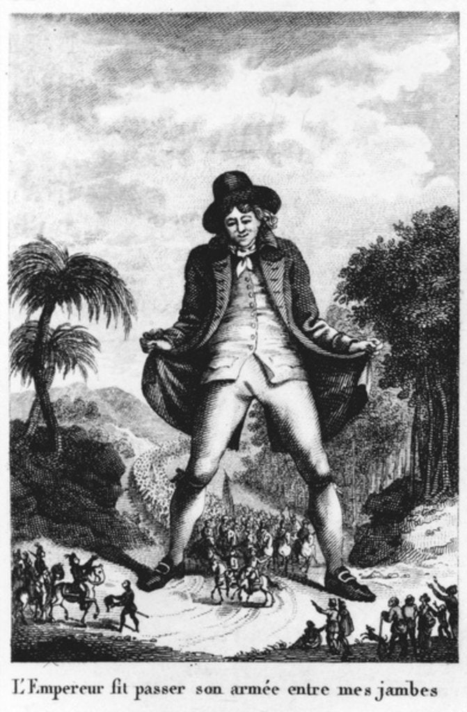 Detail of L'Empereur fit passer son armée entre mes jambres, taken from a French translation of 'Gulliver's Travels' by French School