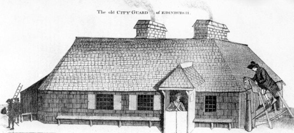 Detail of Old City Guard of Edinburgh with the Wooden horse for punishing the Soldier, 1786 by John Kay