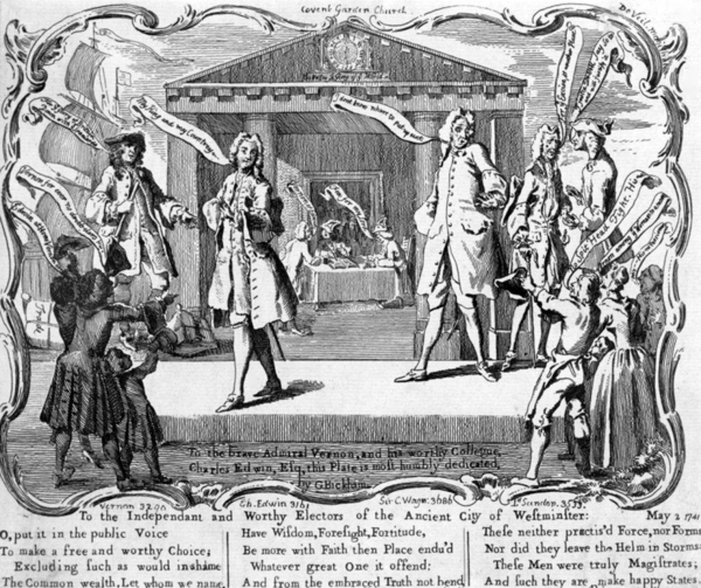 Detail of Satire on the Westminster Election with candidates at hustings by the portico of St Paul's, Covent Garden, 1741 by George Bickham