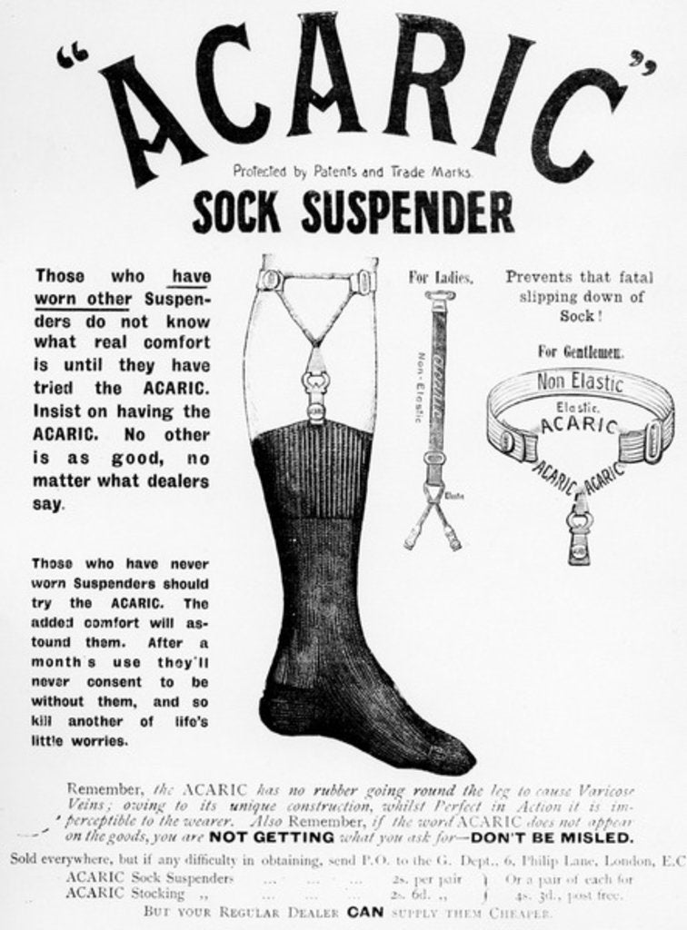 Detail of Acaric Sock Suspender advertisement, 1898 by English School