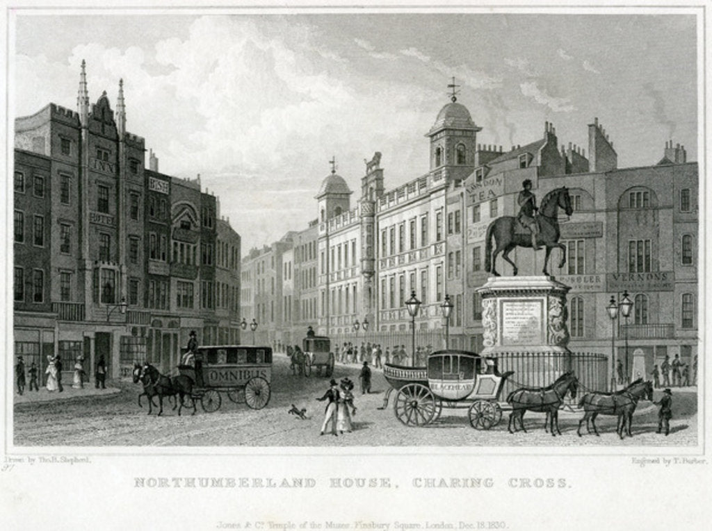 Detail of Northumberland House, Charing Cross. Bish's Lottery Office, No 9 Charing Cross, is next door to the Golden Cross Hotel by English School