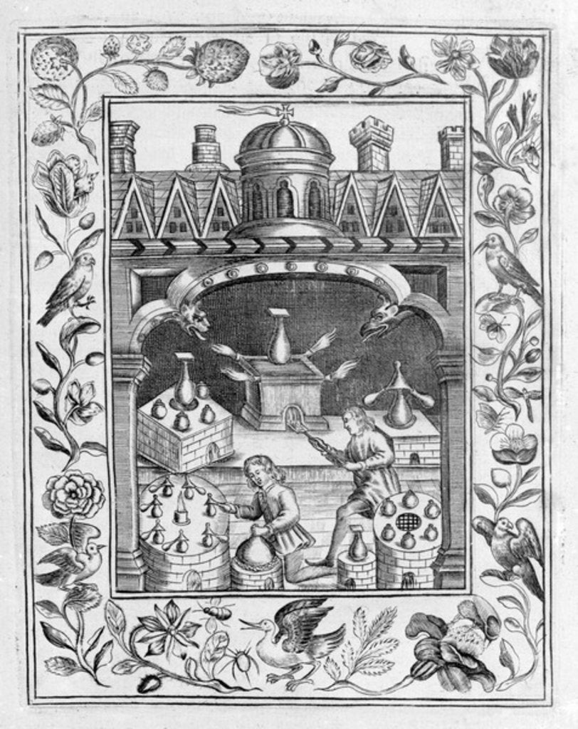 Detail of Alchemical laboratory showing various forms of furnace and vessels, taken from 'Theatrum Chemicum Britannicum' by Elias Ashmole, 1652 by English School