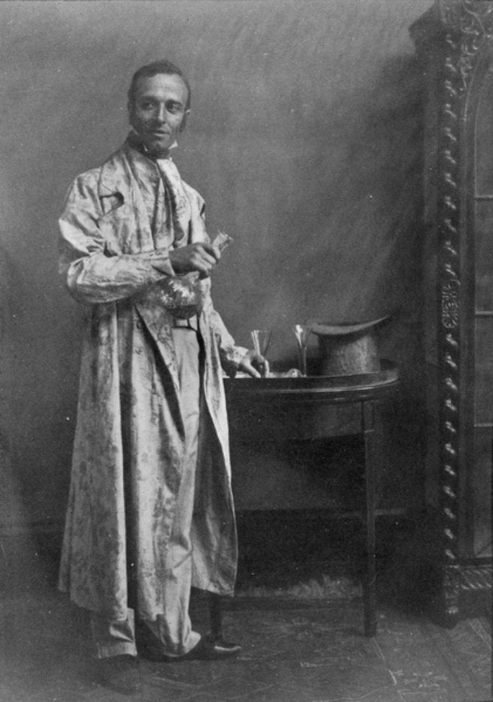 Detail of Photograph of a grey morning coat of flowered chintz with nankeen trousers by English School