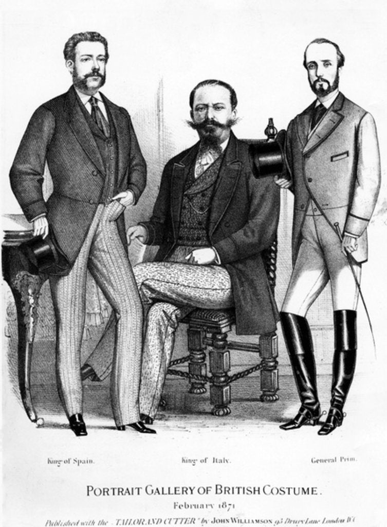 Detail of Portrait Gallery of British Costume, presenting the Kings of Spain and Italy and General Prim, published with the Tailor and Cutter, 1871 by English School