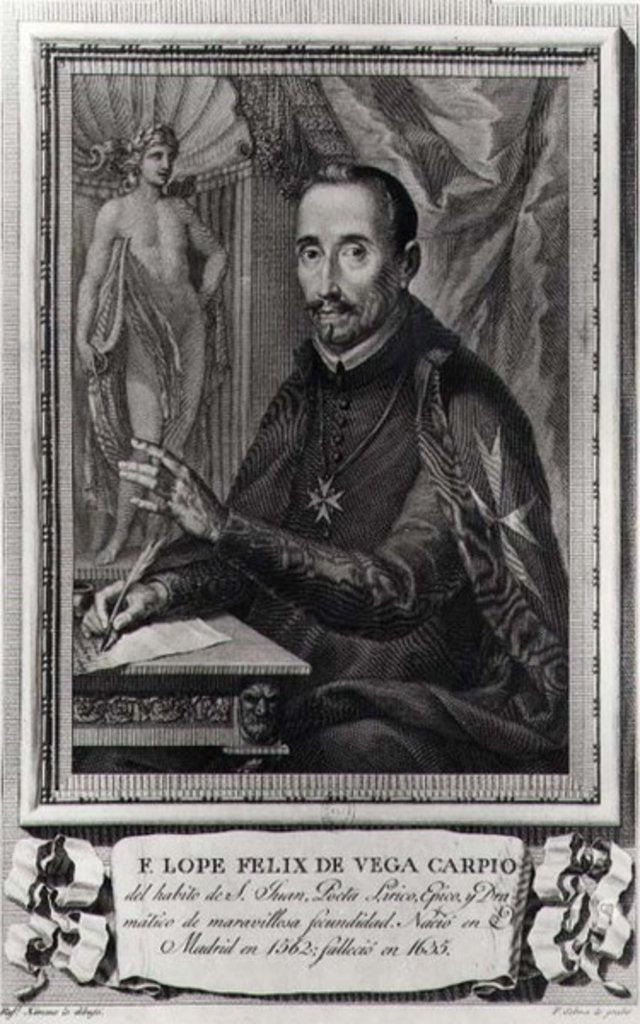 Detail of Portrait of Lope Felix de Vega Carpio engraved by Fernando Selma by Rafael (after) Ximeno y Planes