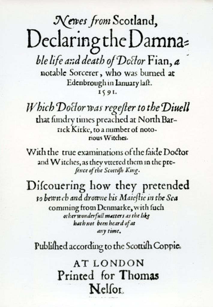 Detail of Title page 'Newes from Scotland, Declaring the Damnable life and death of Dr Fian', 1591 by English School