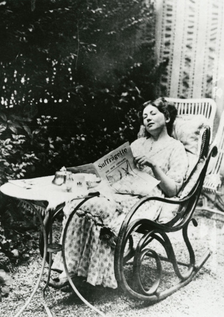 Detail of Christabel Pankhurst reading a copy of 'The Suffragette' c.1905-14 by English Photographer