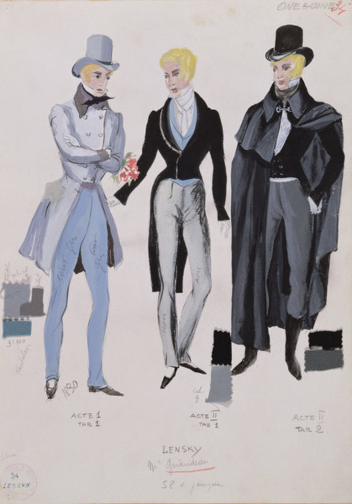 Detail of Lensky, costumes from acts I, II and III of the opera 'Eugene Onegin', 1830 by A. Lebrun