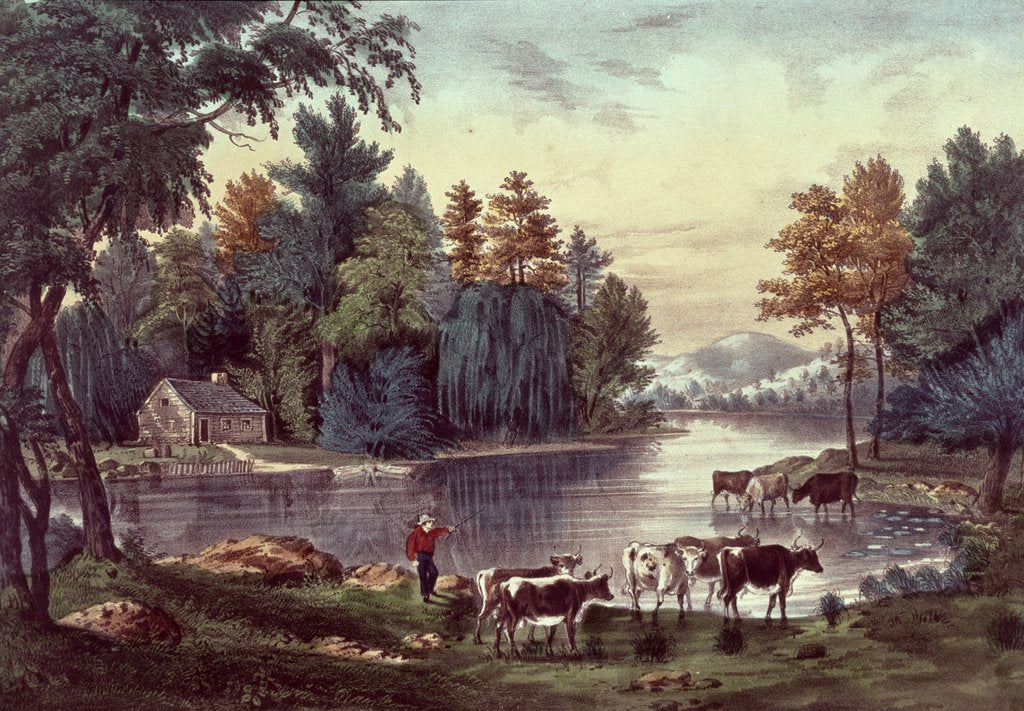 Detail of Cows on the Shore of a Lake by American School