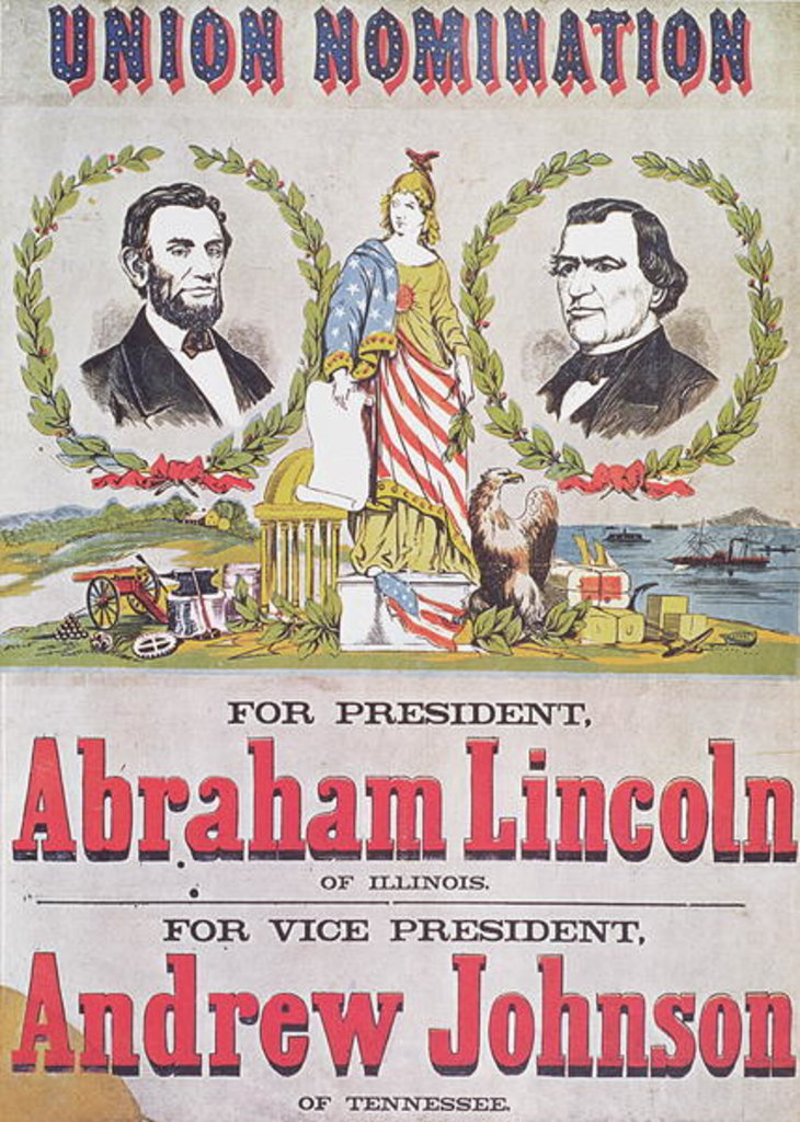Detail of Union Nomination Poster depicting Abraham Lincoln running for President and Andrew Johnson for Vice-President, Electoral Campaign by American School