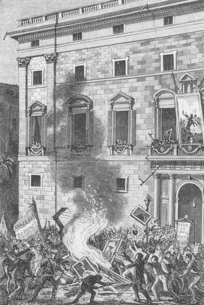 Detail of Pueblo de Barcelona Quemando Retratos de los Borbones, 1868 by Spanish School