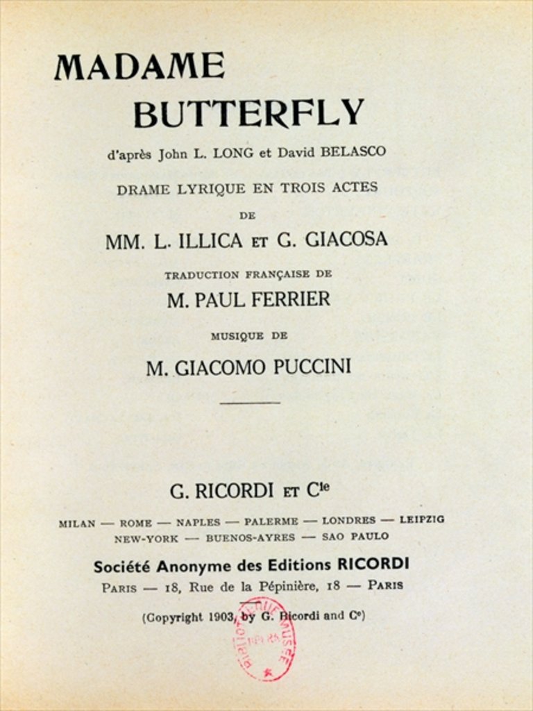 Detail of Playbill for 'Madame Butterfly' by Giacomo Puccini 1903 by French School