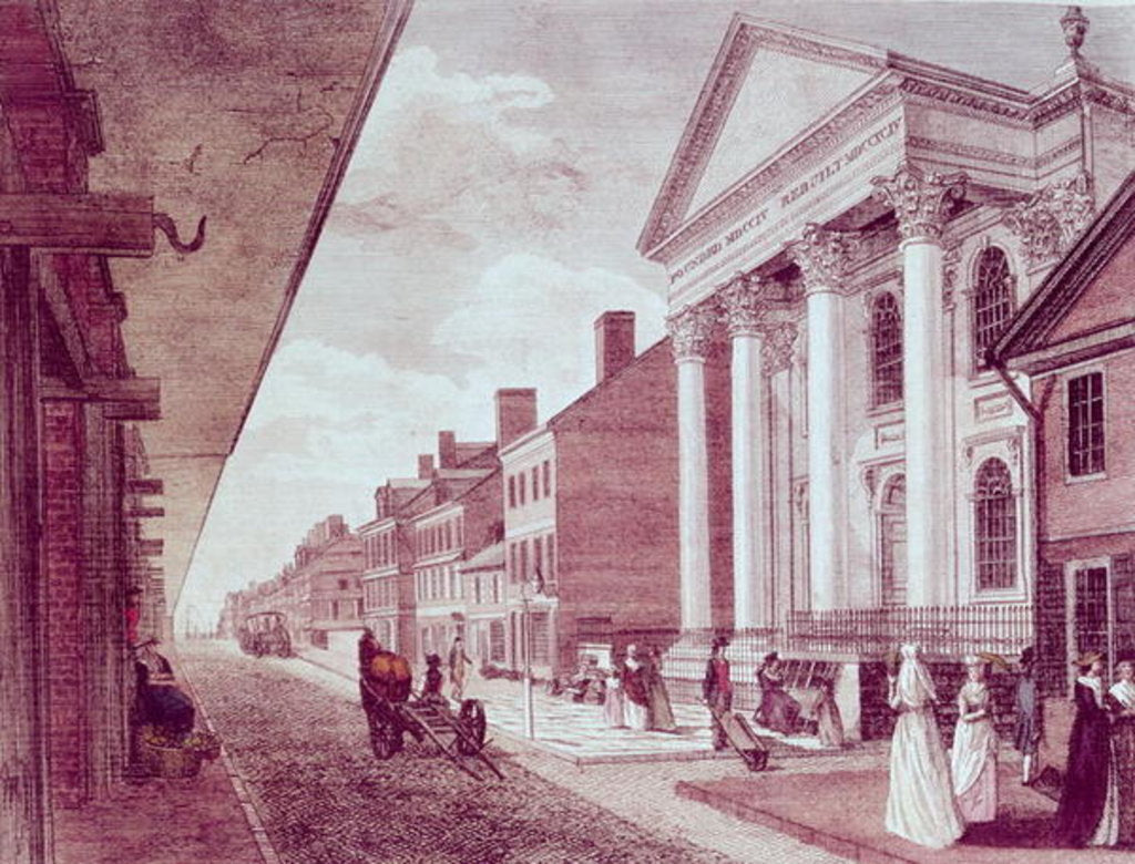 Detail of High street with the first Presbyterian Church, Philadelphia, 1799 by American School