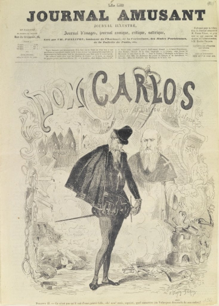 Detail of Front page of 'Le Journal Amusant', with a caricature of Don Carlos by Arjou Henri & Lafosse G Darfou