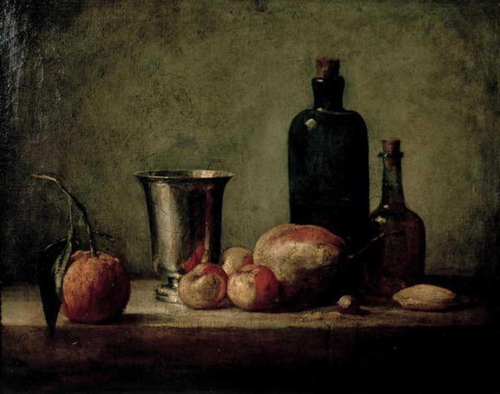 Detail of Still-life with Silver Beaker, Fruit and Bottles on a Table by Jean-Baptiste Simeon Chardin
