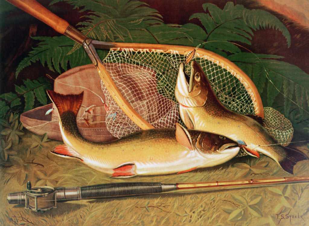 Detail of Still Life with a Salmon Trout, a Rod and a Net by Thomas Sedgwick Steele