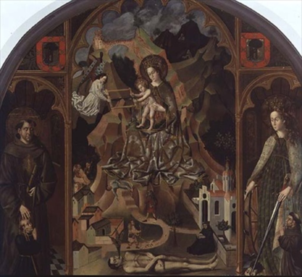 Detail of The Virgin of Montserrat with landscape by Spanish School