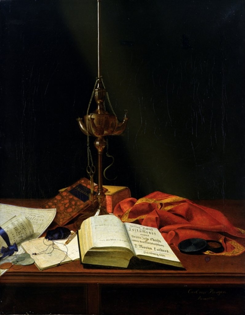 Detail of Still life with a Bible, 1821 by Karl von Bergen