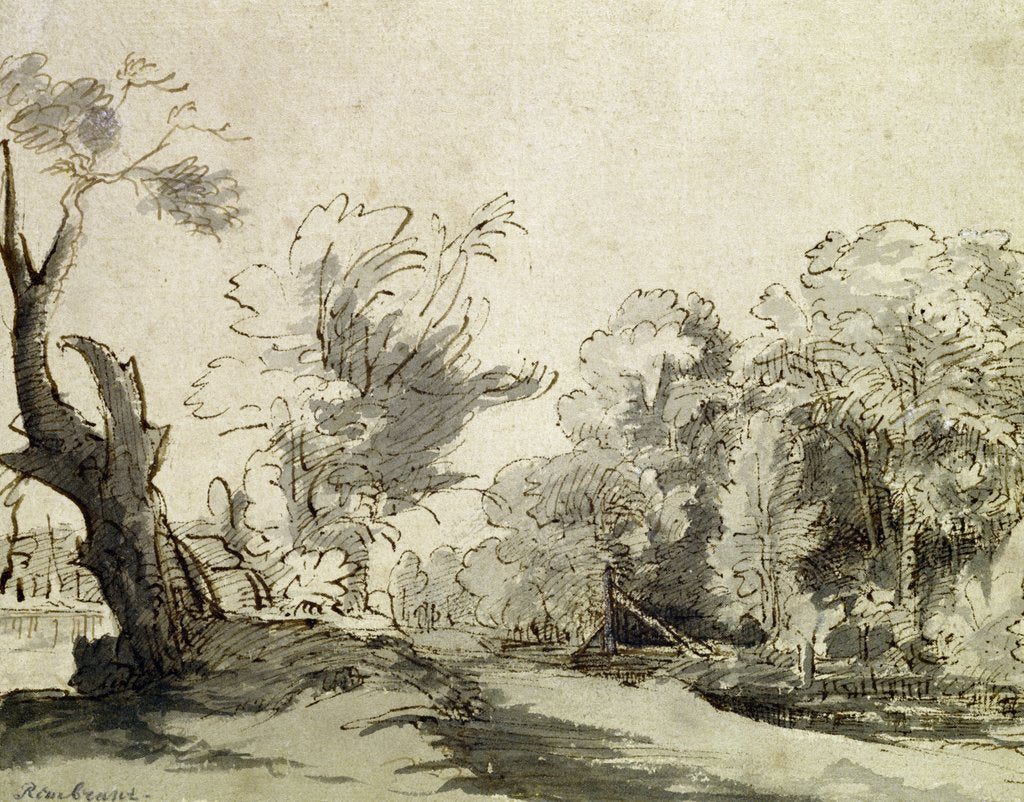 Detail of Landscape with a path, an almost dead tree on the left and a footbridge leading to a farm on the right by Rembrandt Harmensz. van Rijn