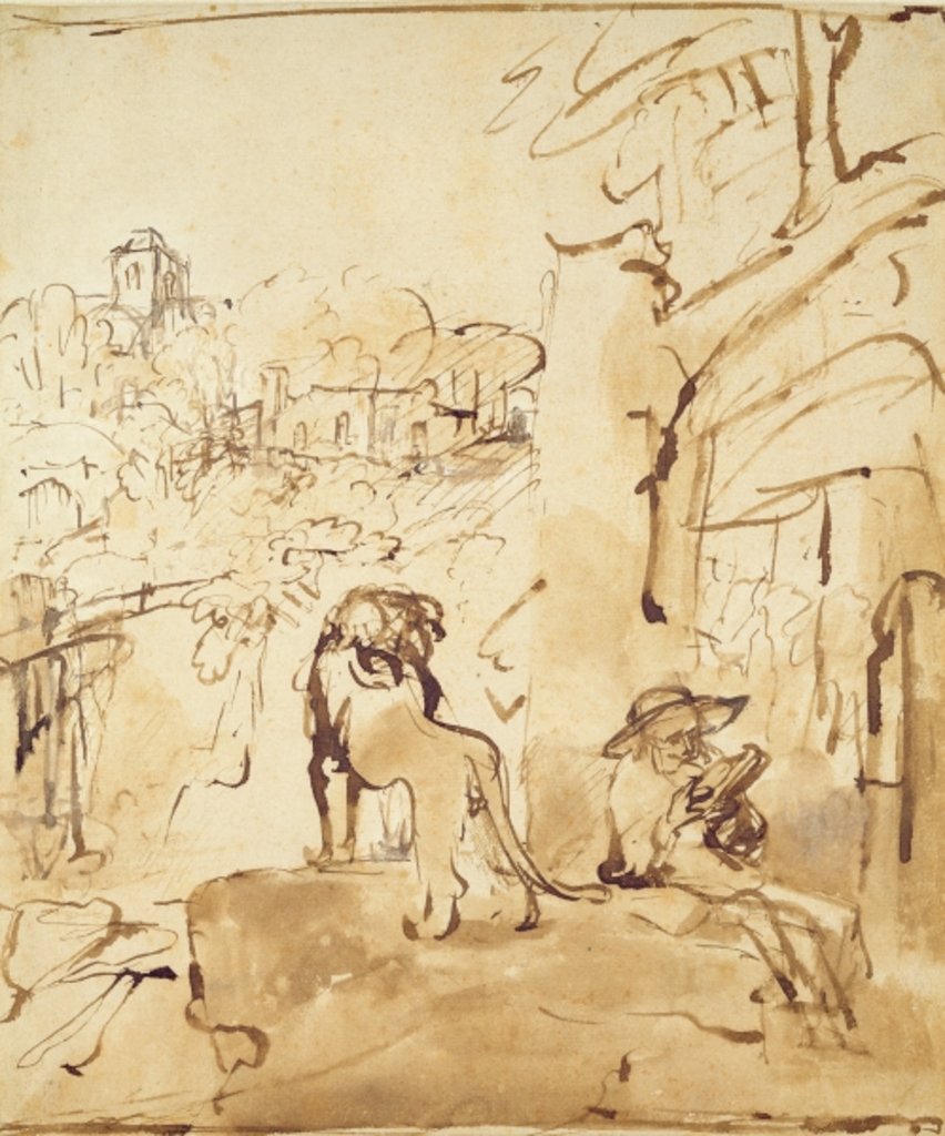 Detail of St. Jerome reading in a landscape by Rembrandt Harmensz. van Rijn