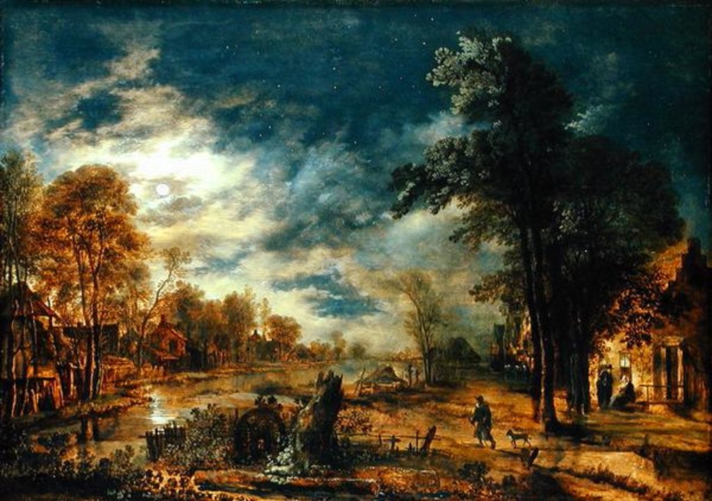 Detail of Moonlit Landscape with a Village by Aert van der Neer