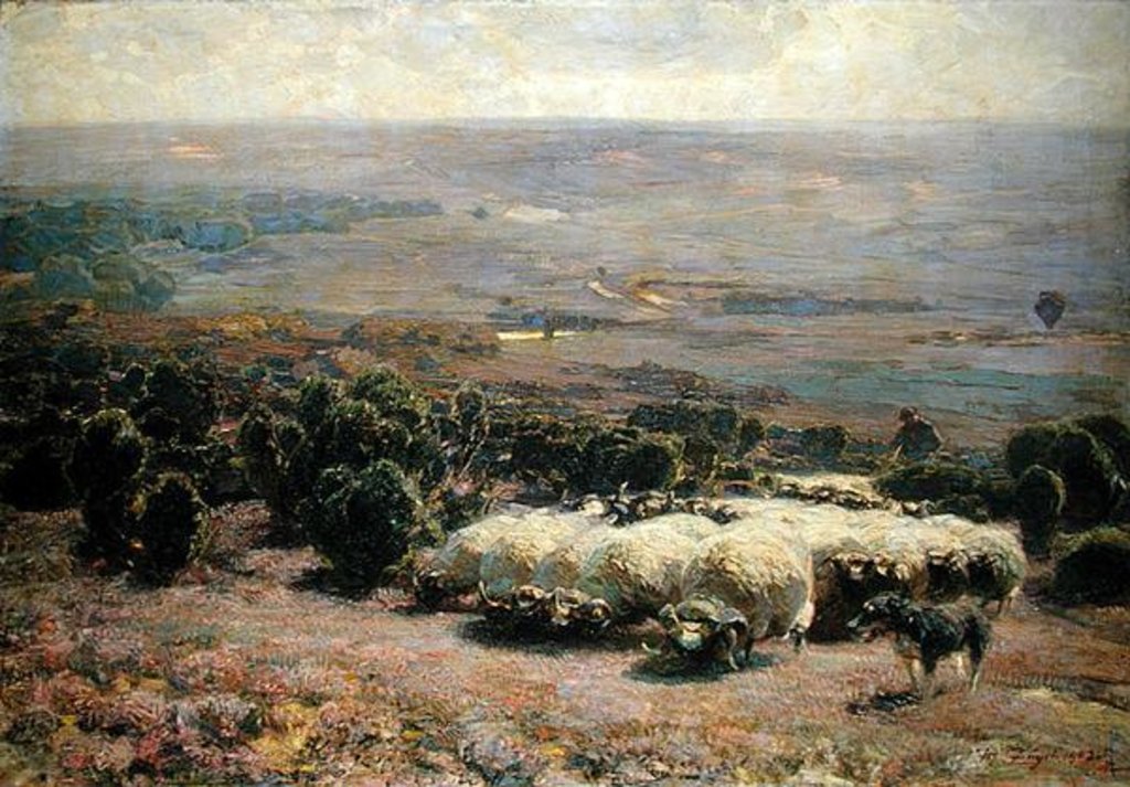 Detail of A Herd of Sheep in the Luneburger Heide, 1902 by Heinrich Johann von Zugel