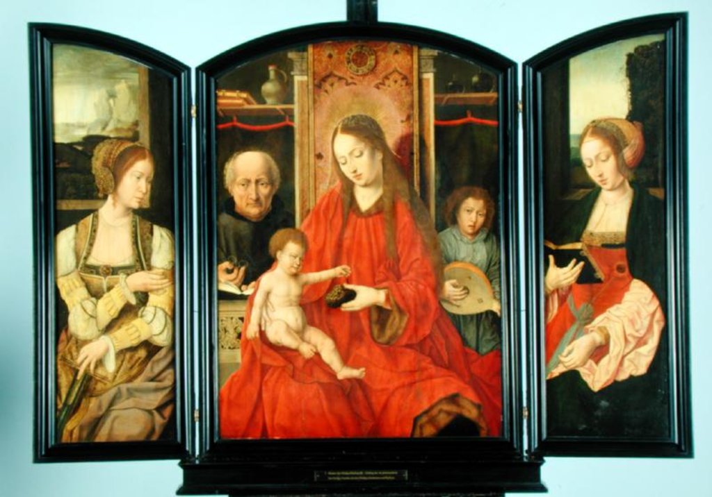Detail of The Holy Family with St. Catherine and St. Barbara, triptych by Master of the Holy Blood