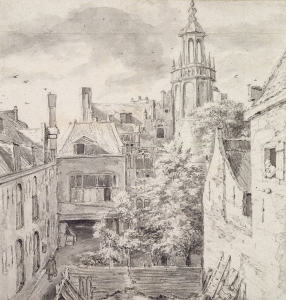 Detail of View of the Courtyard of the House of the Archers of the St. Sebastian Guild on the Singel in Amsterdam by Jacob Isaaksz. or Isaacksz. van Ruisdael