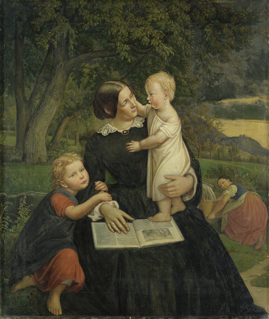 Detail of Emilie Marie Wasmann, the artist's wife, with Elise and Erich, their oldest children, 1860 by Rudolph Friedrich Wasmann