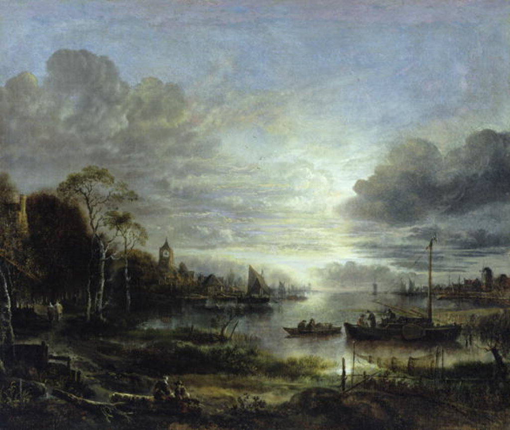 Detail of Landscape in Moonlight by Aert van der Neer